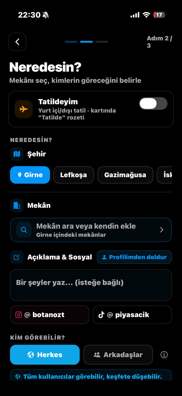 Piyasacık check-in ekranı — konum ve gizlilik seçimi
