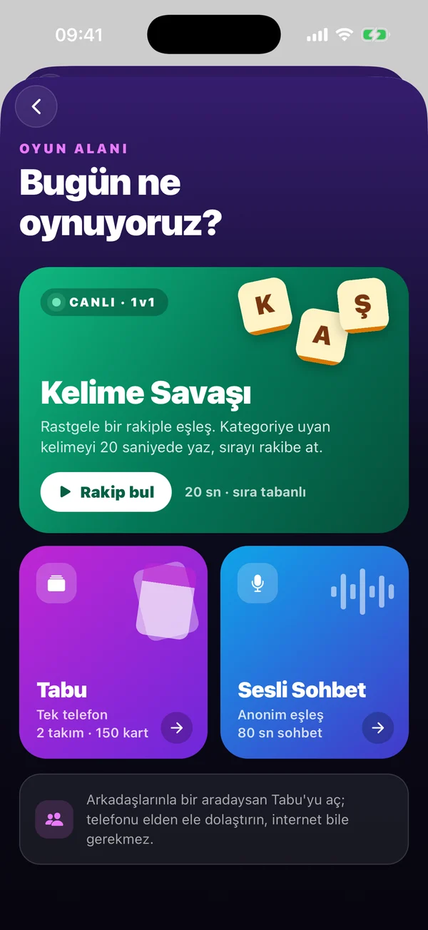 Oyun alanı: Kelime Savaşı, Tabu, Sesli Sohbet
