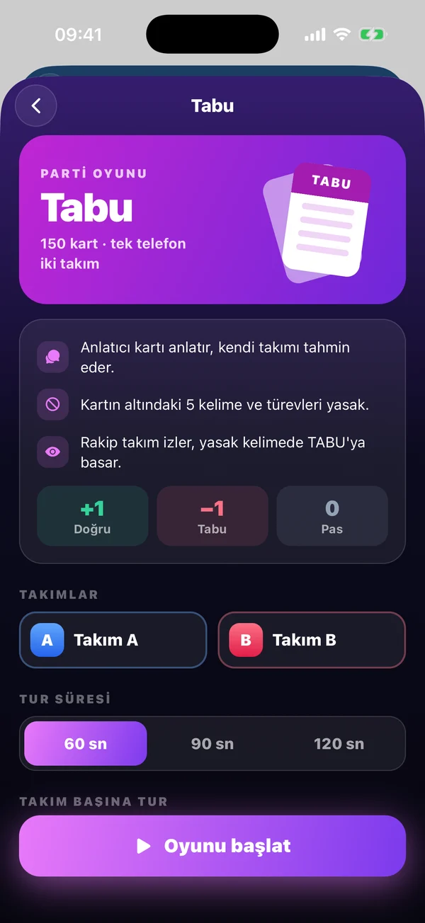Tabu oyun ayarları