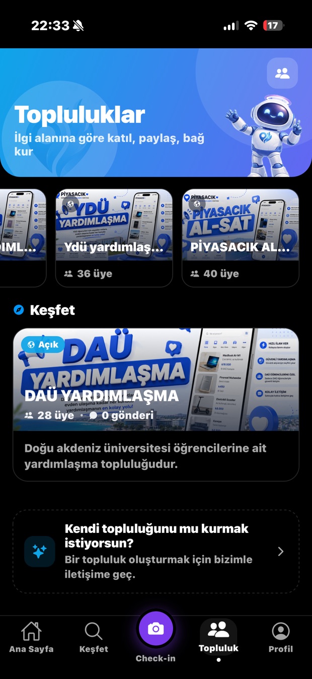 Piyasacık topluluklar ekranı — yerel topluluklar ve keşfet